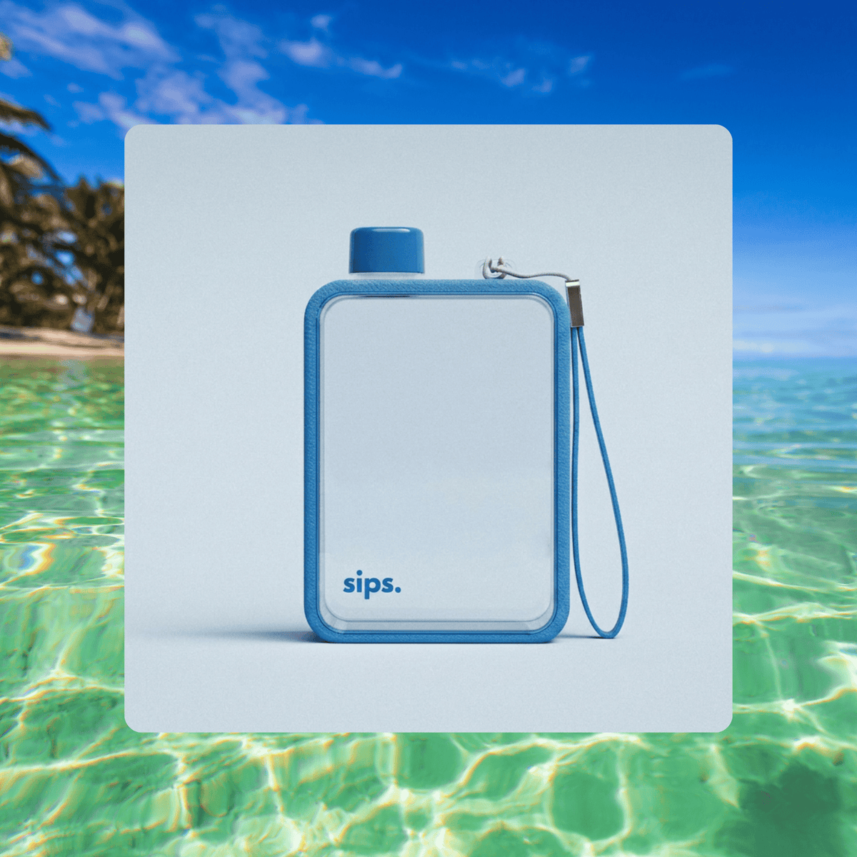 Four rectangular Sips water bottles in teal, coral, yellow, and blue, arranged in a row on a plain background. Each cover has a matching cap and a handy carry strap perfect for commuting.