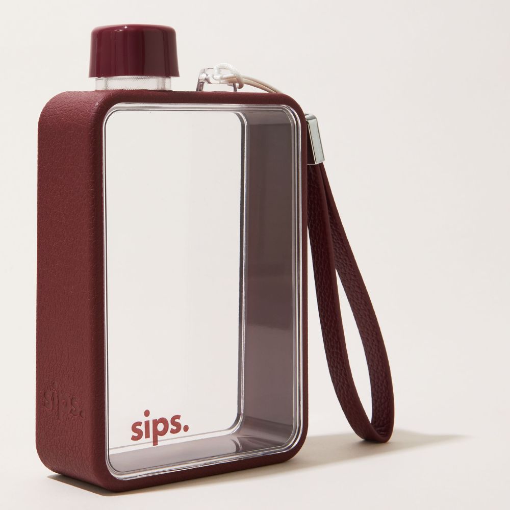 Sips Water bottle in Cherry (dark red) on a white background.