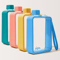 Four rectangular Sips water bottles in teal, coral, yellow, and blue, arranged in a row on a plain background. Each cover has a matching cap and a handy carry strap perfect for commuting.