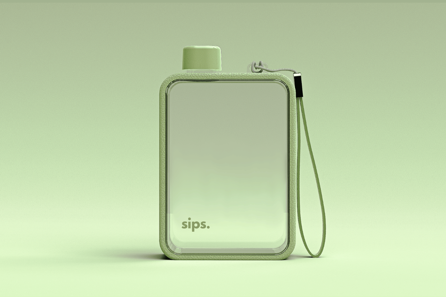 Flask shaped water bottle Sips in Matcha green on a green background.