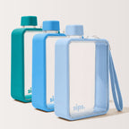 Three rectangular Sips water bottles with clear bodies and coloured protective bumpers in teal, sky and bubblegum (light blue) arranged in a row on a plain background. Each bottle has a matching cap and a wrist strap.
